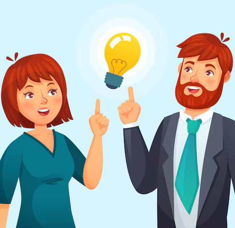 couple-ayant-idee-mari-femme-ont-solution-homme-femme-adulte-resolu-probleme-idee-dessin-anime-lampe-idees_102902-917